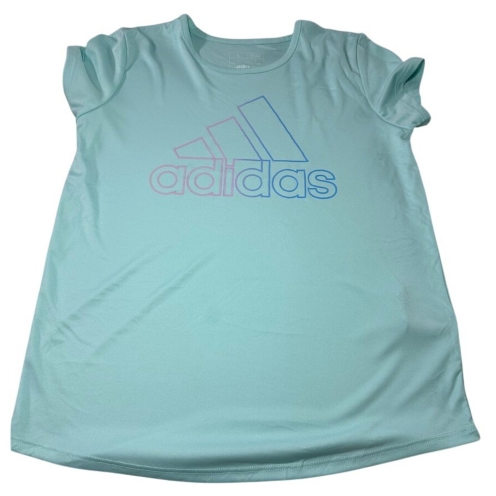 Adidas Girls Aeroready Aqua Blue Gradient Logo‎ T-Shirt Size L 14 AA3202